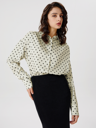 Satin Collar Polka Dot Button Long Sleeve Blouse