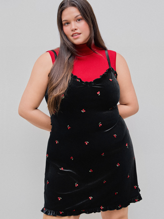 Velvet V-neck Cherry Mini Dress Curve & Plus