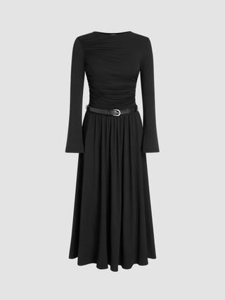 Round Neck Solid Belted Ruffle Midi Dress