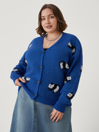 Knit V-neck Panda Button Cardigan Curve & Plus