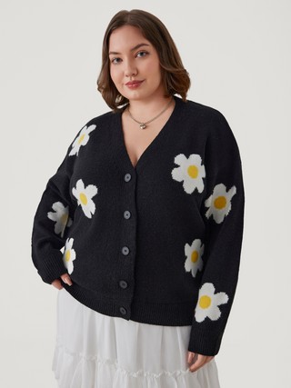 Knit V-neck Floral Long Sleeve Cardigan Curve & Plus