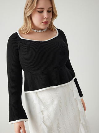 Knit Square Neck Contrasting Binding Long Sleeve Top Curve & Plus