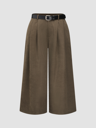 Mid Waist Solid Pleated Pocket Wide Leg Trousers With Belt Curve & Plus