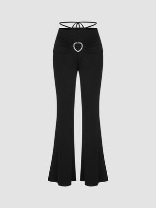 Mid Rise Heart Rhinestone Flared Trousers