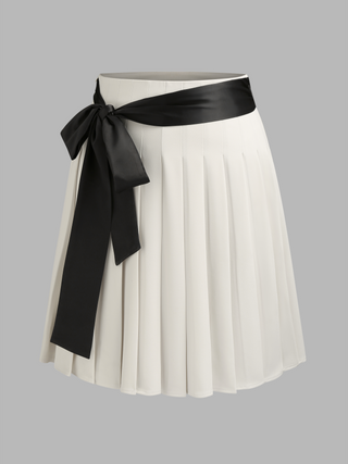 Mid Waist Solid Belted Bowknot Pleated Midi Skirt Curve & Plus