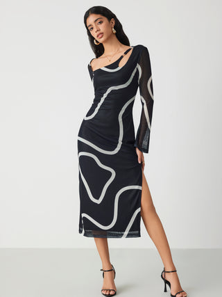 Mesh Asymmetrical Neck Abstract Stripe Buckle Midi Dress