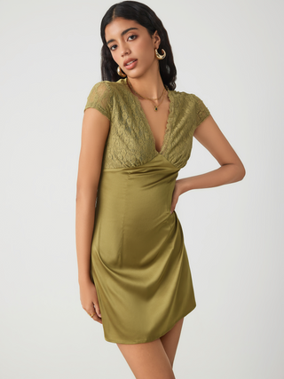 Satin V-neck Lace Mini Dress