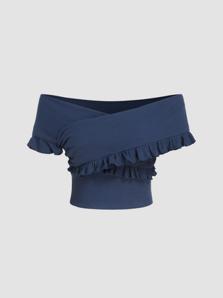 Off-shoulder Ruffle Hem Knitted Top