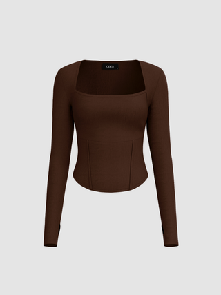 Rib Knit Square Neck Solid Long Sleeve Top