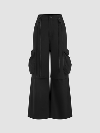 Mid Rise Cargo Solid Wide Leg Trousers