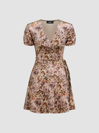 Velvet V-neck Floral Knotted Mini Dress