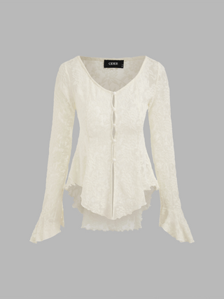 Lace V-neck Asymmetrical Hem Long Sleeve Blouse