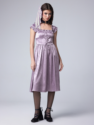 Satin Square Neck Floral Corset Lace Up Shirred Midi Dress