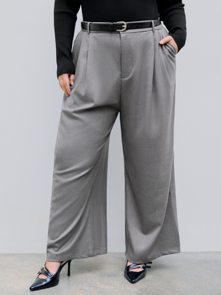 Mid Waist Pleated Belted Straight Leg Trousers Curve & Plus