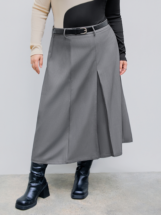 Mid Waist Solid Belted Pleated Maxi Skirt Curve & Plus