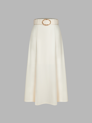 Mid Waist Solid Belted Ruffle Midi Skirt