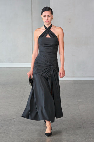 Halter Solid Twist Split Ruched Maxi Dress