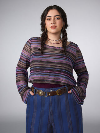 Round Neck Stripe Long Sleeve Jersey Top Curve & Plus