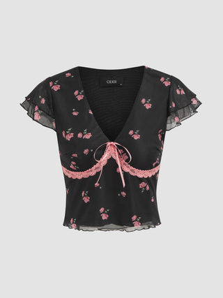 Mesh V-neck Floral Knotted Short Sleeve Tee
