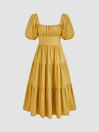 Shirred Tiered Ruffle Hem Puff Sleeve Midi Dress