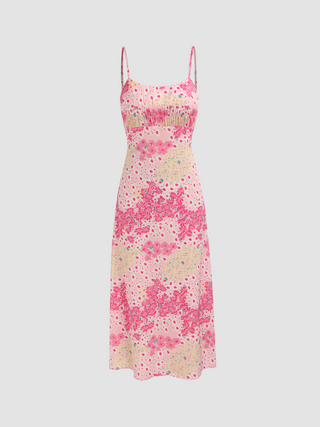 Scoop Neckline Ditsy Floral Shirred Split Midi Dress