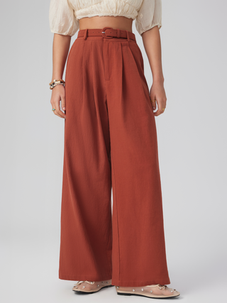 Mid Rise Solid Belted Pleated Wide Leg Trousers