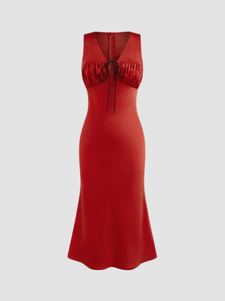 Satin V-neck Ruched Bowknot Solid Midi Dress