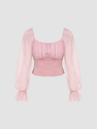 Satin Square Neck Shirred Crop Long Sleeve Blouse