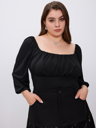Scoop Neck Solid Long Sleeve Crop Top Curve & Plus
