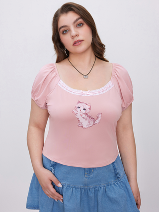 Lace Bowknot Cat Print Puff Sleeve Tee Curve & Plus