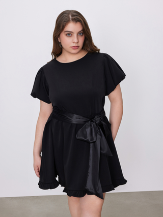 Rosette Round Neck Ruffle Hem Mini Dress Curve & Plus