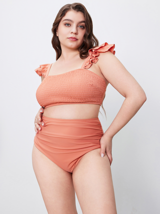 Shaping Ruffle Trim Shirred Solid Tankini Swimsuit Curve & Plus