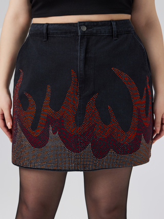 Mid Rise Fire Rhinestone Denim Mini Skirt Curve & Plus