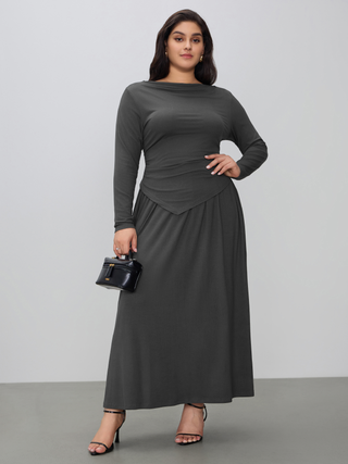 Off-shoulder Solid  Long Sleeve Top &  Elastic Waist Maxi Skirt Curve & Plus