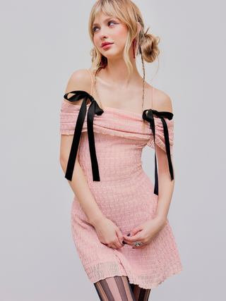 Off-shoulder Bowknot Texture Mini Dress