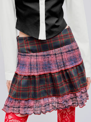 Mid Rise Check Patchy Ruffle Hem Mini Skirt