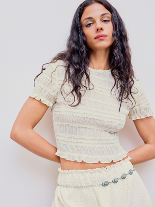 Round Neck Shirred Crop Short Sleeve Top