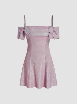 Off-shoulder Solid Bowknot Glitter Mini Dress