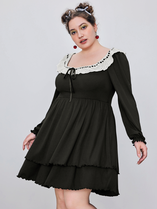 Round Neckline Bowknot Ruffle Hem Mini Dress Curve & Plus