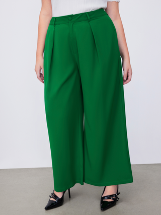 Mid Rise Solid Zipper Pleated Pocket Wide Leg Trousers Curve & Plus