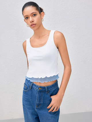Scoop Neck Contrasting Binding Lettuce Trim Tank Top