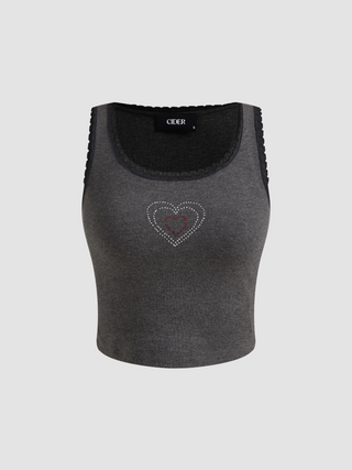 Scoop Neck Rhinestone Heart Crop Tank Top