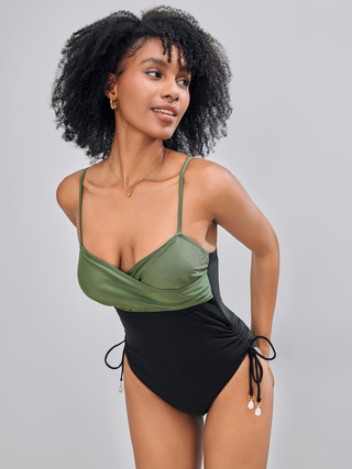 Shaping V-neck Two Tone Beaded Drawstring One Piece Swimsuit