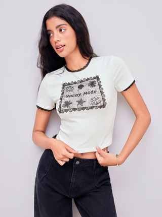 Round Neck Vacay Mode Graphic Lace Trim Short Sleeve Tee