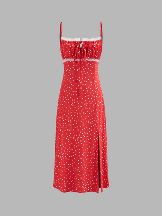 Satin Polka Dot Split Contrasting Lace Knotted Midi Dress