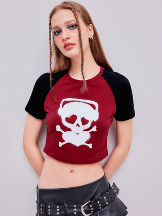 Jersey Round Neck Skull Graphic Two Tone Crop Short Sleeve Tee