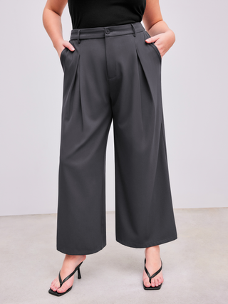 Mid Rise Solid Pleated Pocket Wide Leg Trousers Curve & Plus