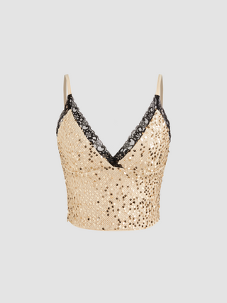 Sequin V-neck Solid Contrasting Binding Crop Cami Top