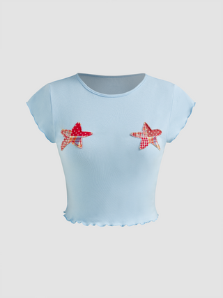 Round Neckline Star Applique Embroidery Lettuce Trim Short Sleeve Crop Tee