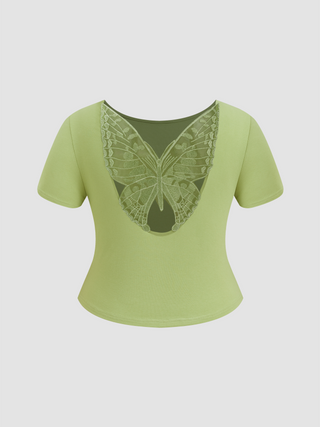 Round Neckline Solid Butterfly Cut Out Short Sleeve Tee Curve & Plus